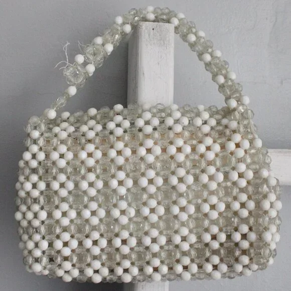 Vintage 1960s Clear & White Plastic Beaded Evening Party Handbag Purse - Picture 2 of 5